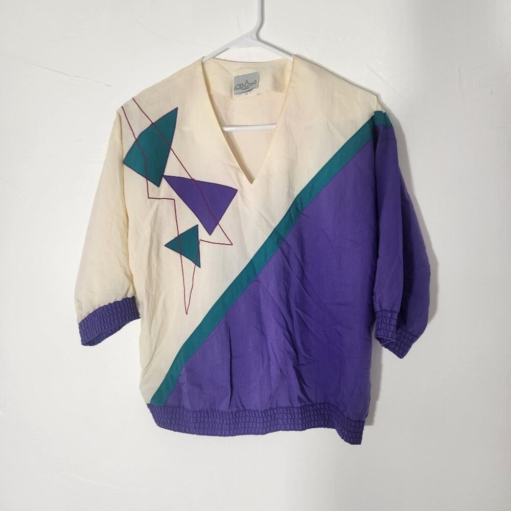 Womens Vintage Small Artsy Geometric Pullover Windbreaker Shirt 80's Athliesure